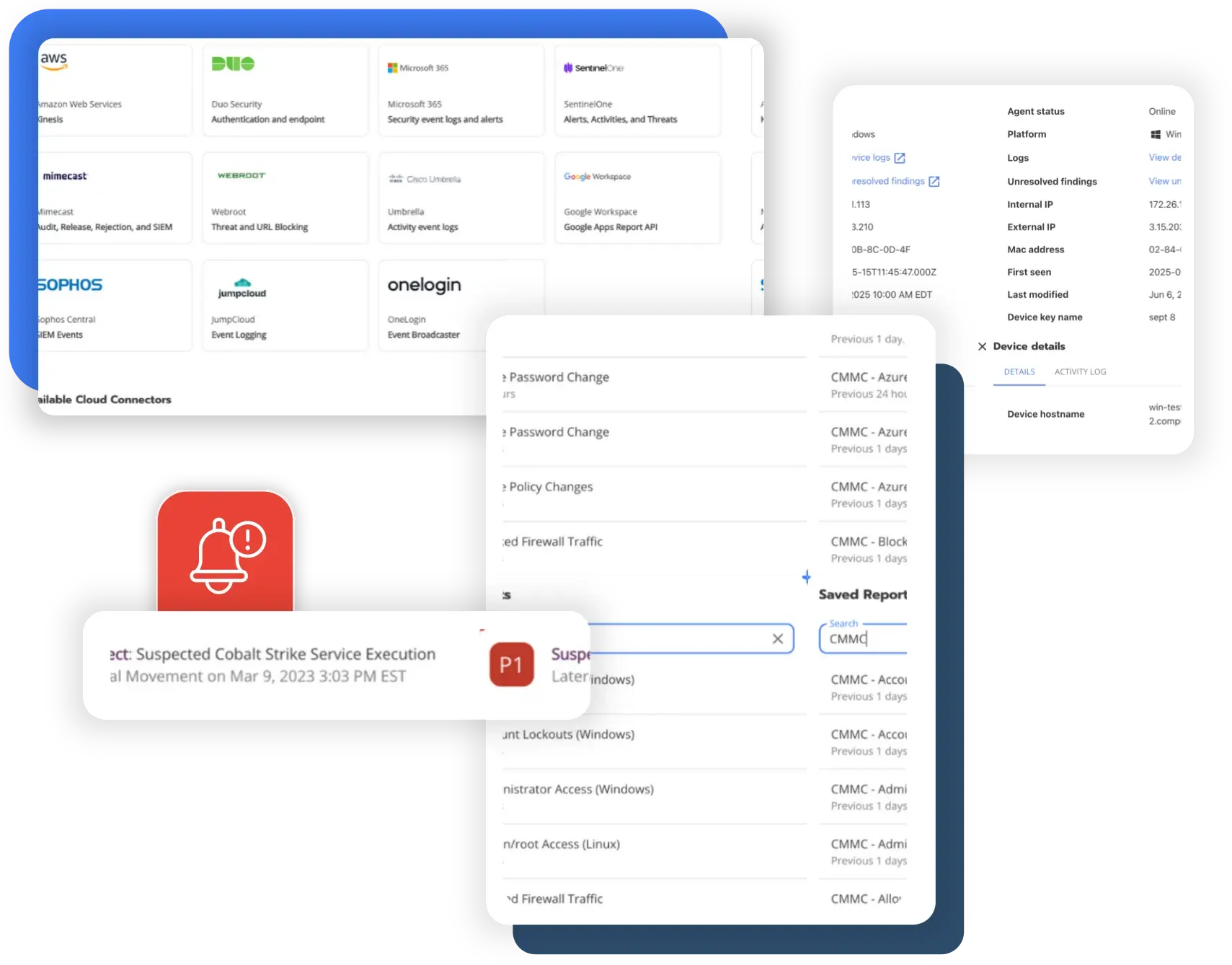 Blumira platform collage: cloud connector integrations, saved CMMC reports, device details, and a priority-1 detection alert