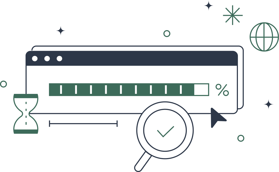 Line illustration: deployment progress bar in a browser window with an hourglass and a magnifier check